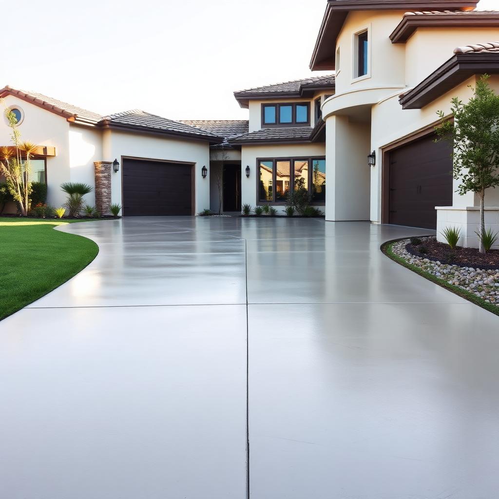 Freshly poured broom-finish concrete driveway with saw-cut control joints at a Culver City home