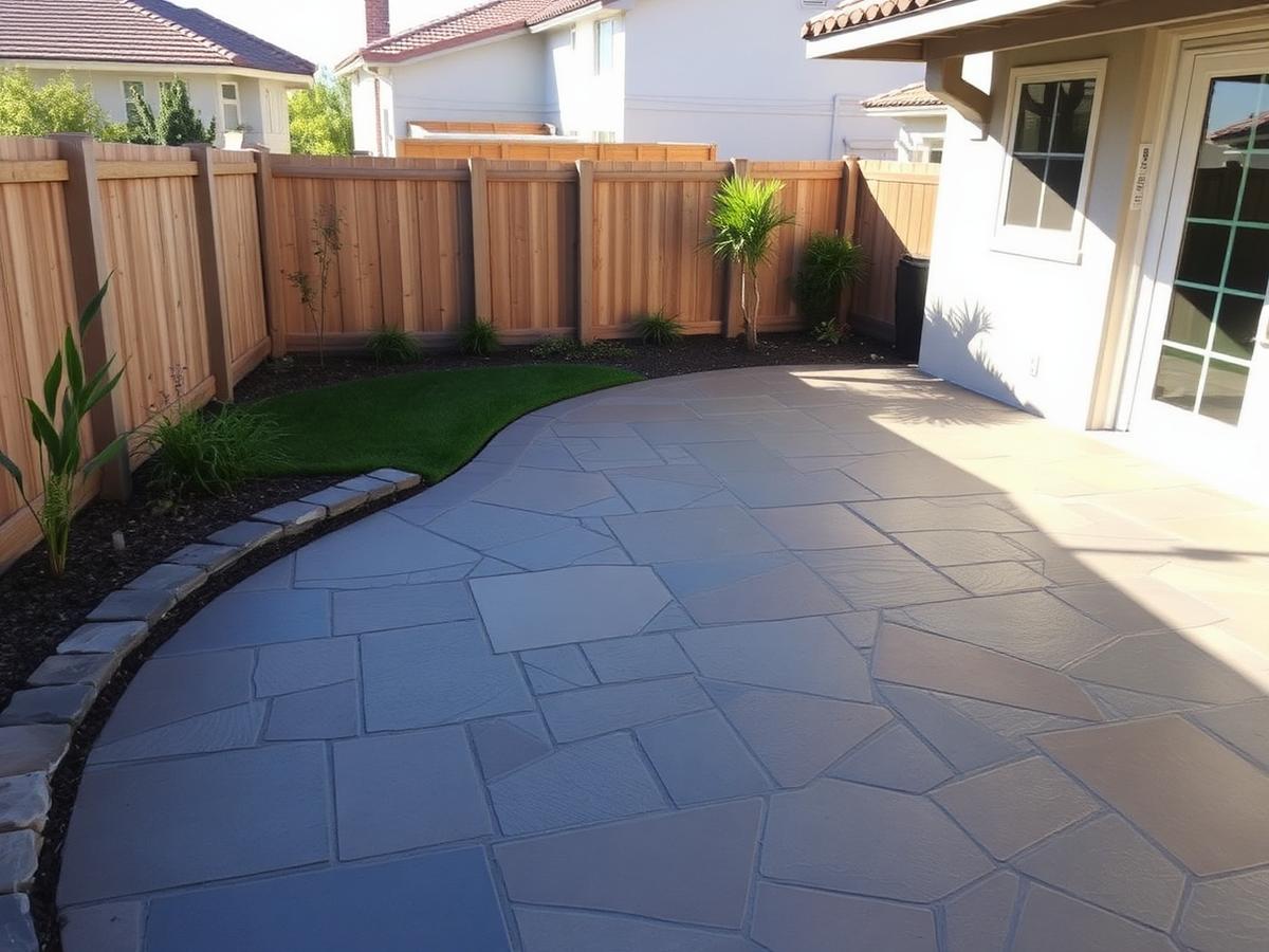Slate-pattern stamped concrete patio with charcoal integral color installed by Moderncore Concrete in Sherman Oaks, Los Angeles